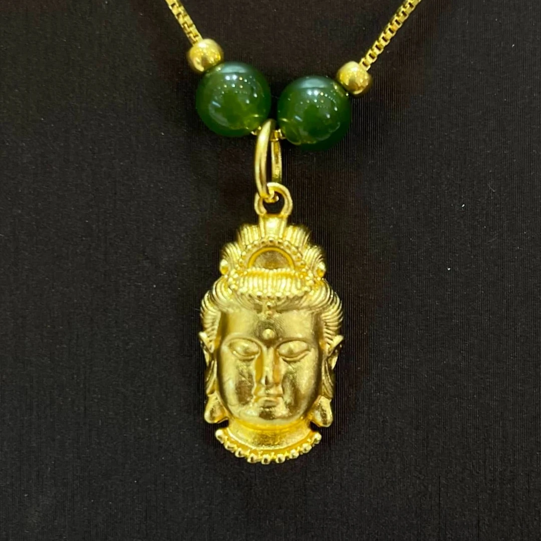 【K总专属】足金黄金珠和田玉观音吊坠-y1690（赠包装+赠链）