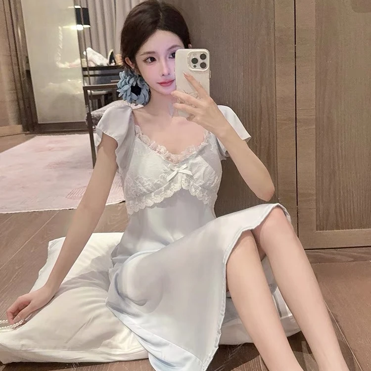 朴朴【海盐茉莉】月光丝带胸垫短袖睡裙高腰显瘦夏季显高显白睡衣女