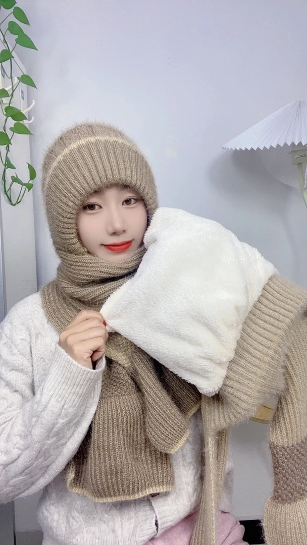 冬天毛绒护耳帽时尚保暖风雪帽针织帽子围巾一体百搭防风妈妈套装