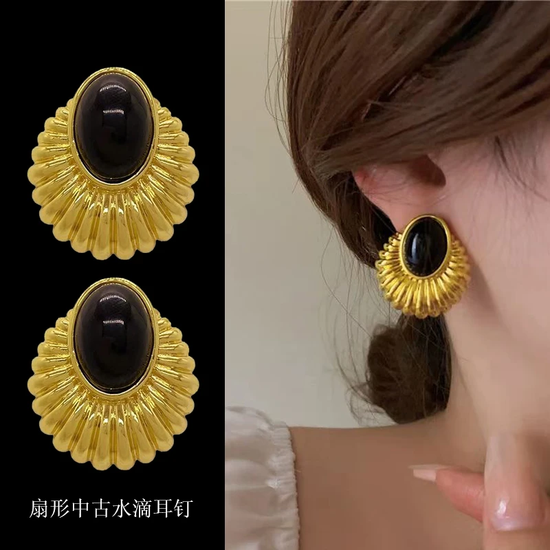 铜合金树脂耳饰 高级感复古黑色金属耳环轻奢百搭港风气质925时尚