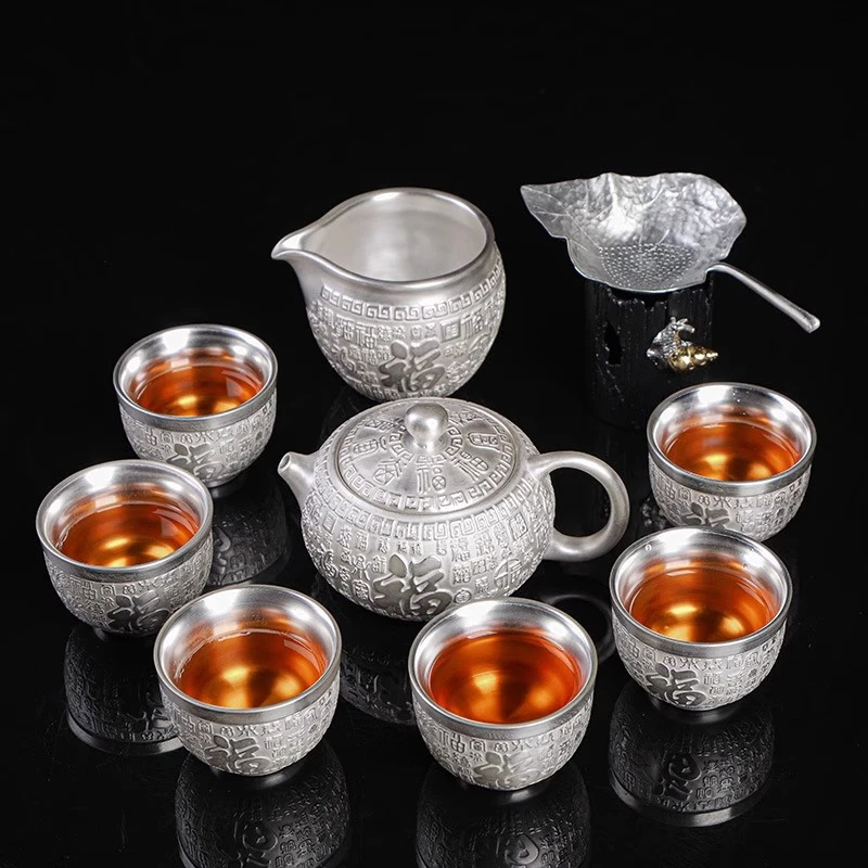 星选 999鎏纯银功夫茶具家用轻奢百福陶瓷茶壶茶杯银茶具高档礼盒