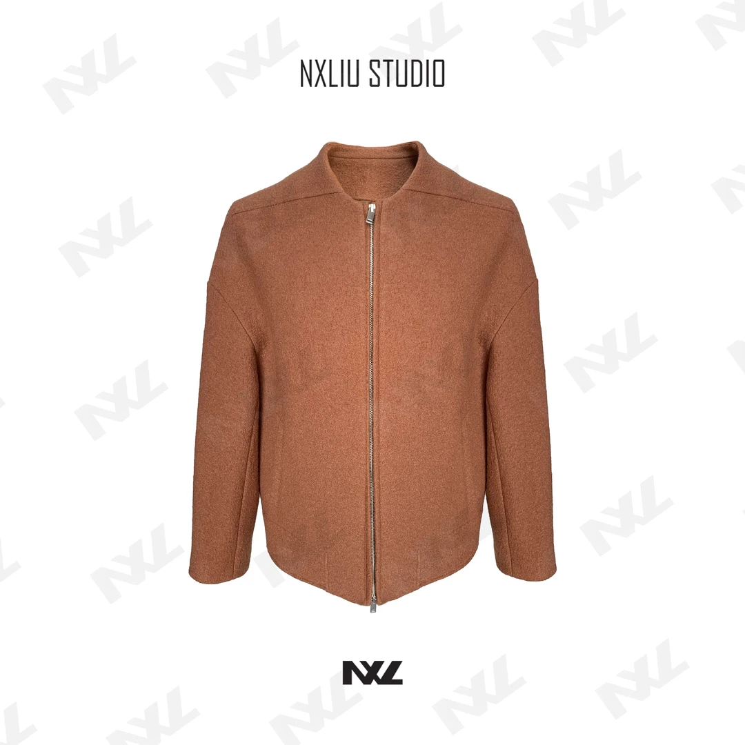 无领澳洲羊毛拉链夹克外套