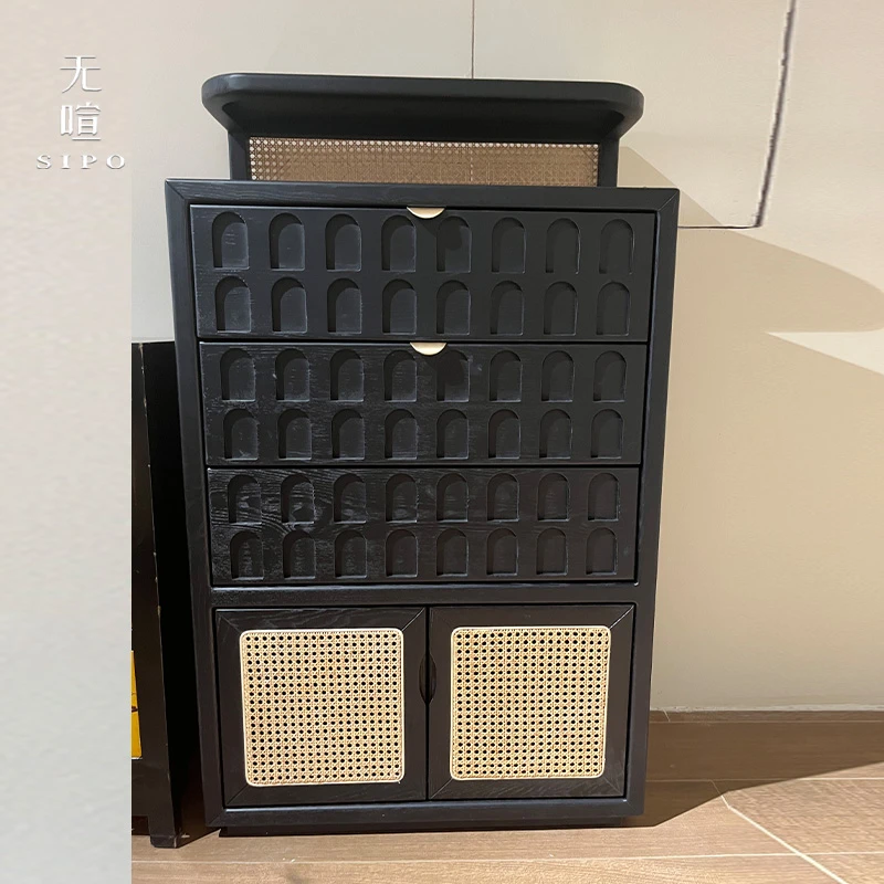 无喧「刻镂边柜」家用门口入户外楼道窄黑色藤编翻斗式玄关柜新款