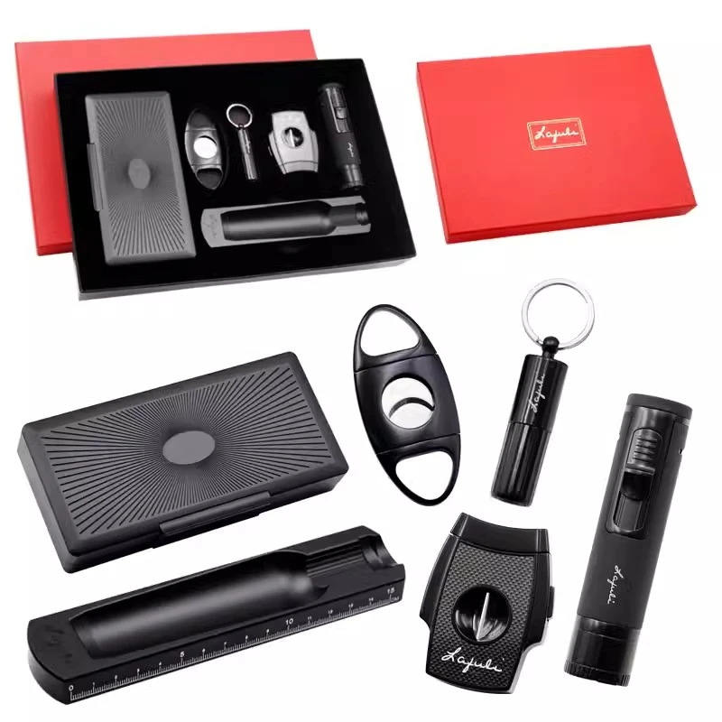 壹茄个人定制雪茄便携盒打火机雪茄平剪V剪通针烟灰缸黑色六件套