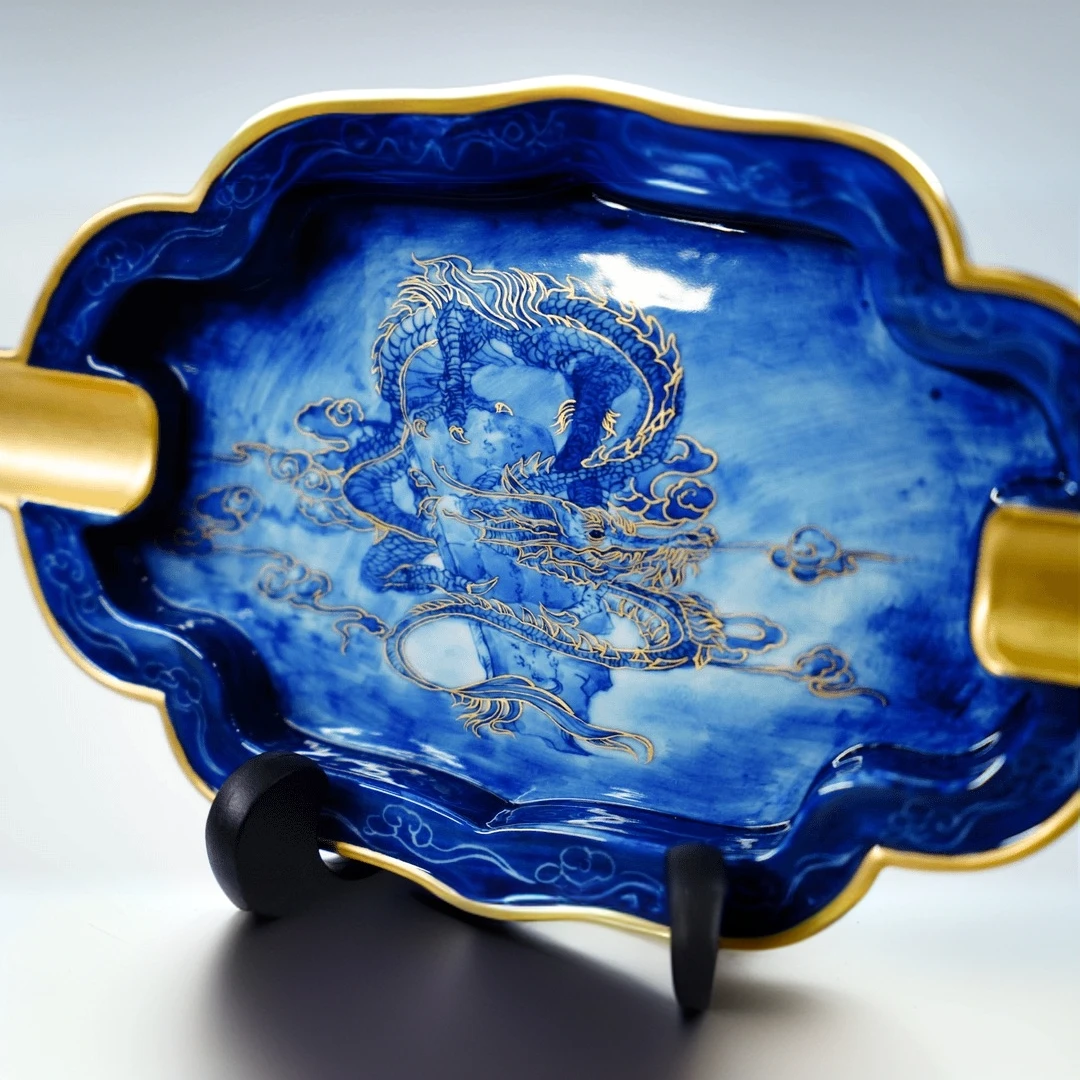 纯手工陶瓷青花泼墨龙生九子系列创意大口径客厅实用雪茄烟灰缸