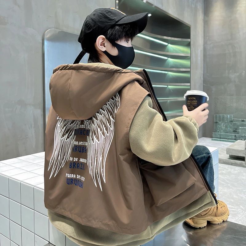 男童冬装加绒外套秋冬款2024新款中大儿童冬季男孩加厚假两件洋气