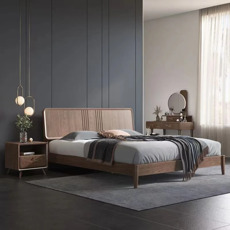 北美白蜡木床简约北欧风主卧双人床家用次卧床头带充电夜灯实木床