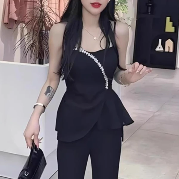 2024夏季新款高级感重工烫钻吊带背心女别致甜辣修身短款无袖上衣