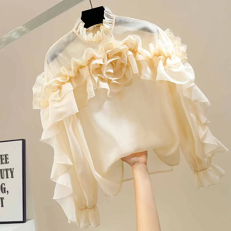 美创定制荷叶边拼接甜美立体大花朵装饰立领套头微透欧根纱衬衫女