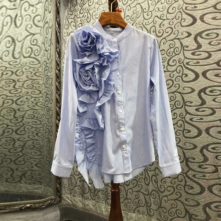 2025年春季新款法式立体盘花装饰拼接木耳边长袖衬衫女单排扣衬衣