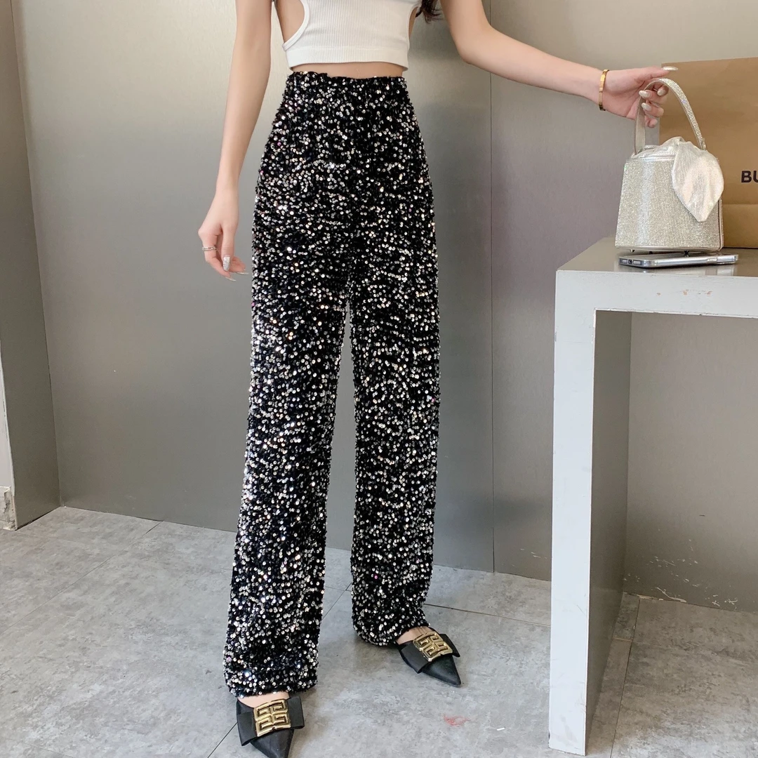2026春秋复古亮片阔腿裤女高腰显瘦垂感亮闪闪裤子星空直筒拖地裤