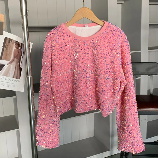 重工亮片短款小衫上衣女装2025年春装气质高级感洋气打底长袖t恤