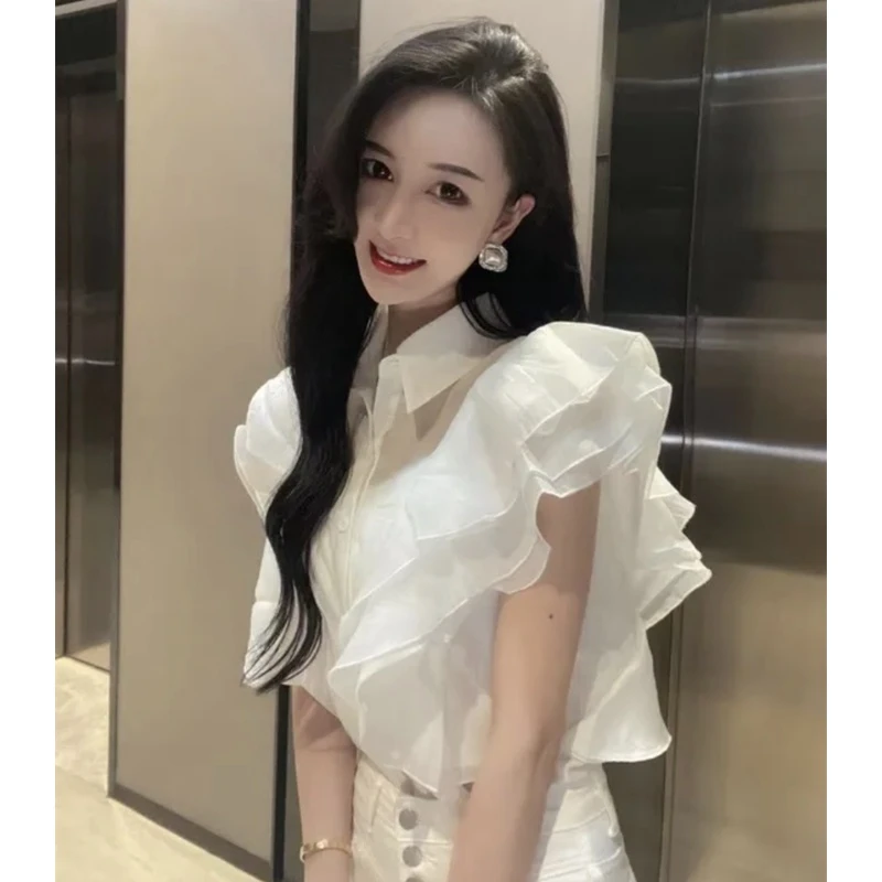 欧货荷叶边雪纺衬衫女夏法式时尚休闲显瘦气质网红欧洲站复古上衣