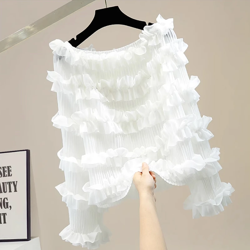 甜美褶皱层层木耳边拼接露肩一字领洋气百搭微透雪纺长袖衬衫女士