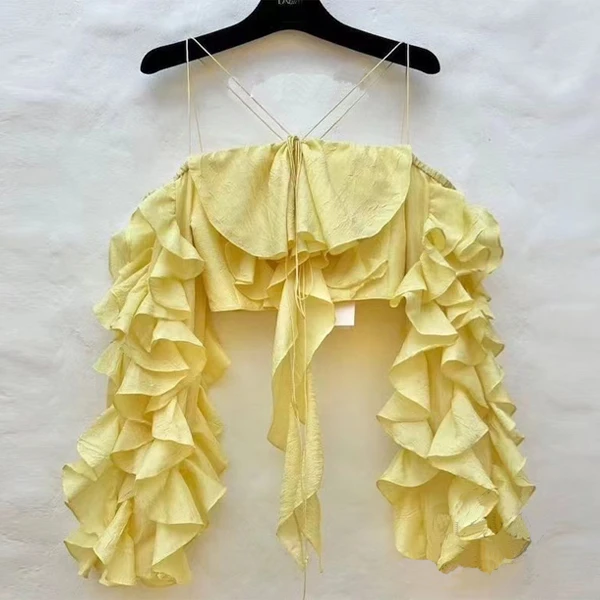 2025年夏季新品挂脖露肩吊带设计感雪纺衫纯欲风度假感荷叶衬衫女