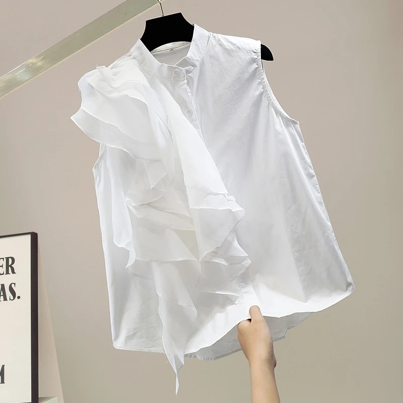 重工立体叠层荷叶边侧边拼接无袖衬衫女士高端洋气设计感休闲衬衣