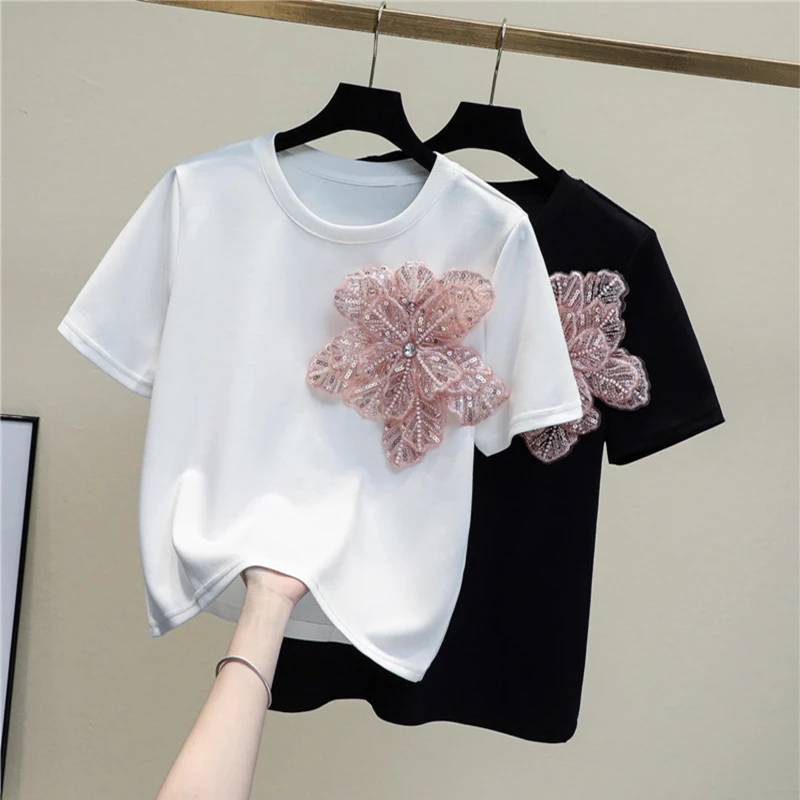 2025年夏季新款重工钉珠立体花朵百搭圆领短袖T恤女宽松半袖上衣
