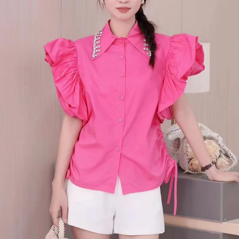 2025年夏季新款褶皱小飞袖衬衫女设计感洋气短款宽松百搭显瘦上衣