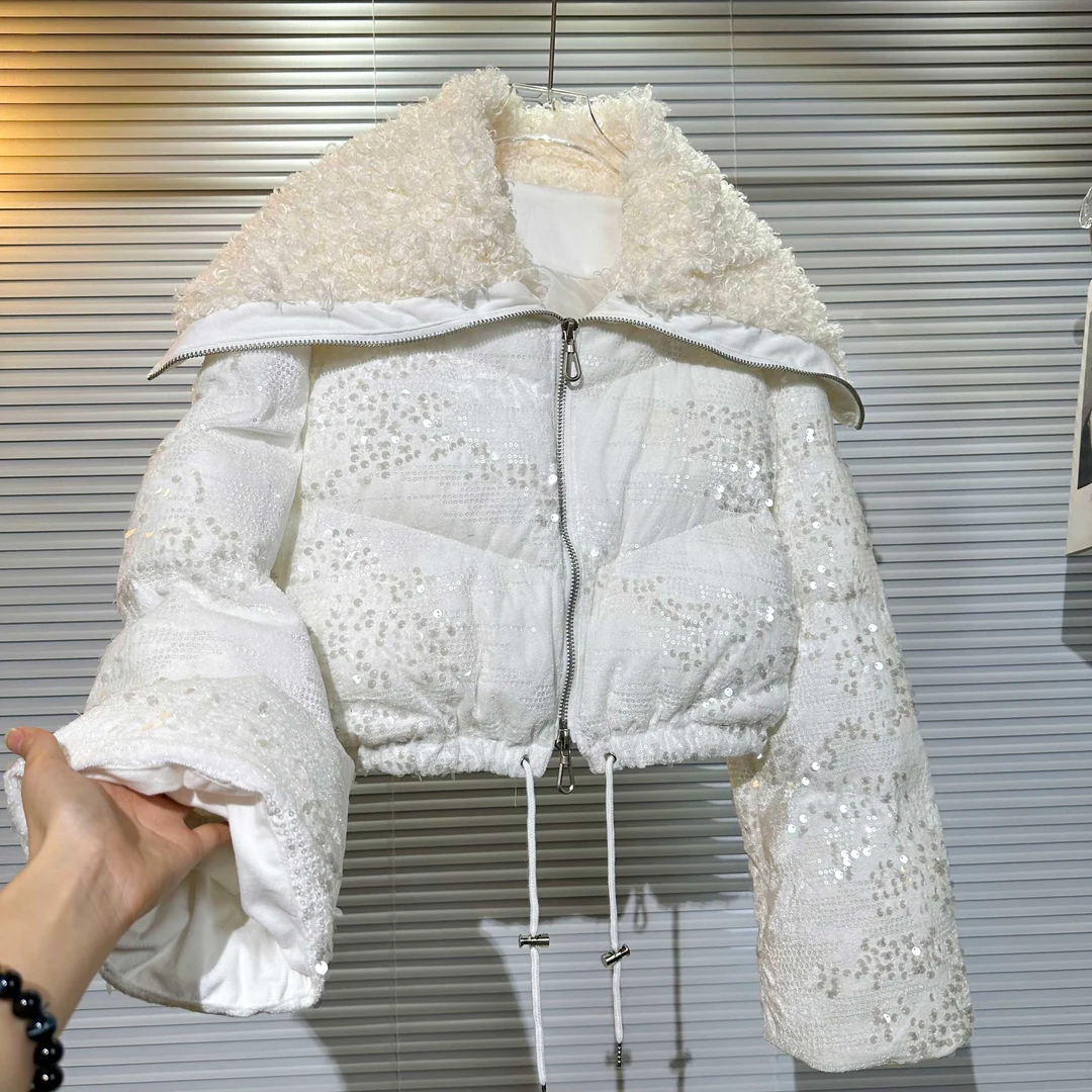 网红气质名媛闪闪亮片丝绒海军翻领棉衣棉服女冬季夹棉加厚短外套