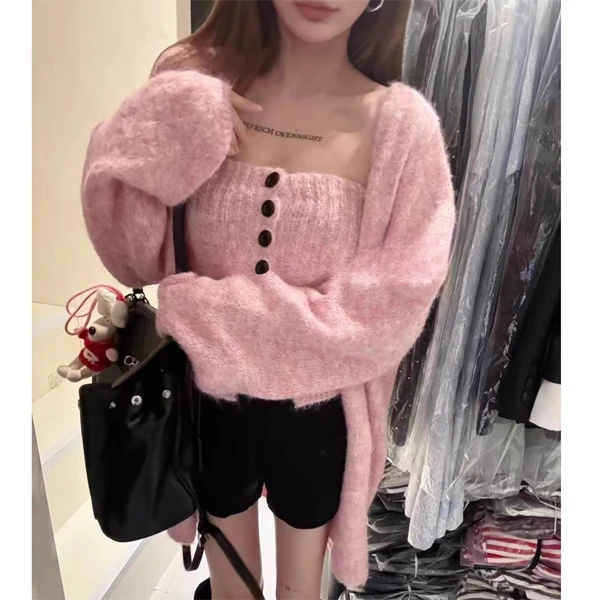 秋冬季抹胸排扣打底针织背心女外搭毛衣外套两件套慵懒风毛衫上衣