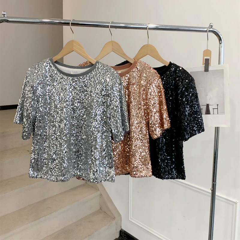2025年夏季新款重工复古亮片圆领短袖t恤女宽松显瘦休闲百搭上衣