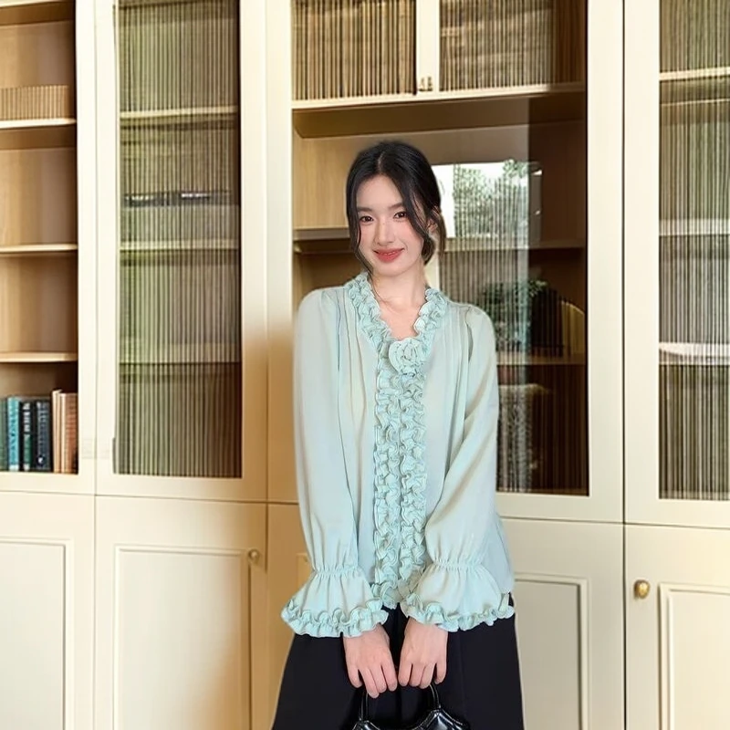 木耳花边玫瑰衬衫欧货女装2025年春季新款设计感宽松垂感长袖上衣