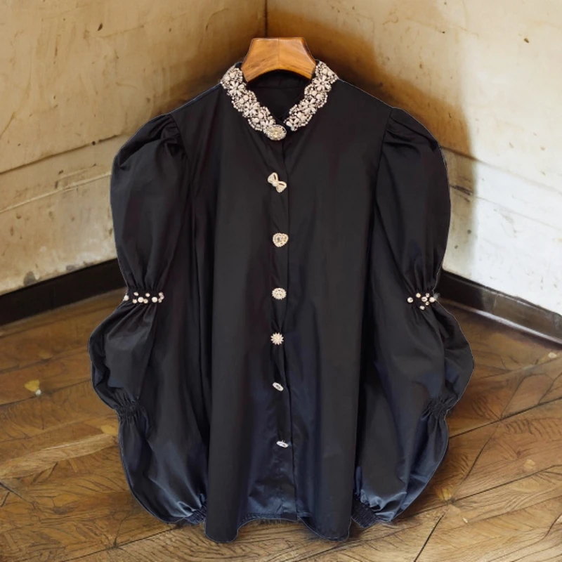 早春季新款女装流行网红重工钉珠泡泡袖褶皱宽松领口烫钻衬衫衬衣