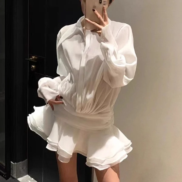 性感浪漫V领修身显瘦荷叶边慵懒风衬衫连衣裙女气质甜美温柔裙子