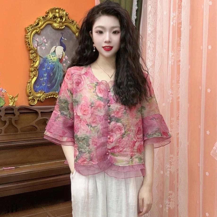 揽月集 文艺复古苎麻印花气质v领欧根纱拼接喇叭袖时尚开衫女夏季