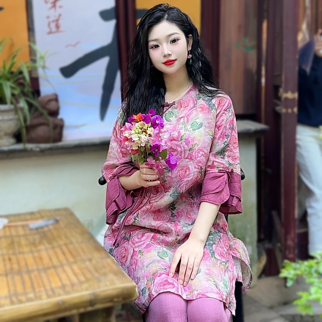 复古民族风纯苎麻玫瑰印花圆领盘扣斜襟飘带侧面开衩中长款上衣女