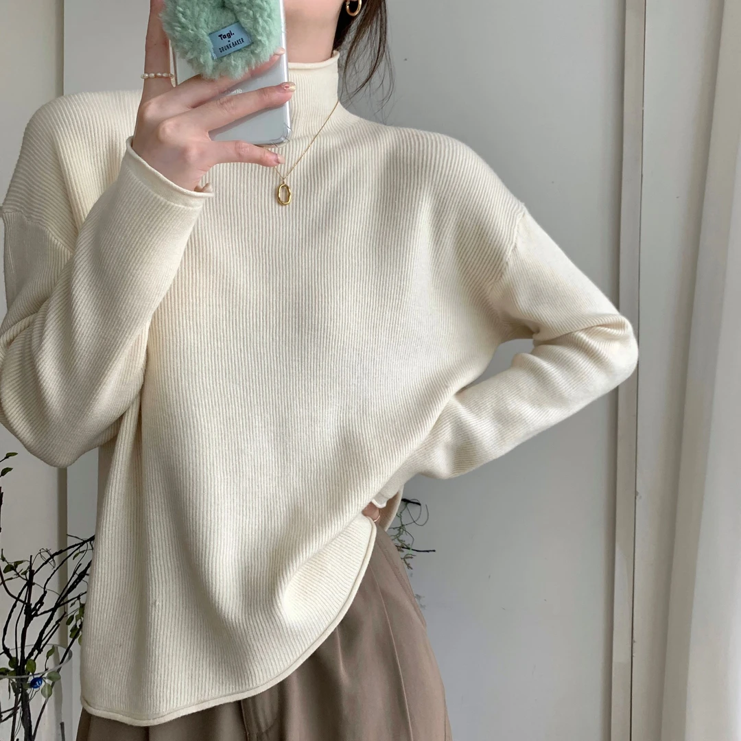 【半高领加厚】2024秋冬宽松套头内外搭长针织衫打底衫女上衣8909#