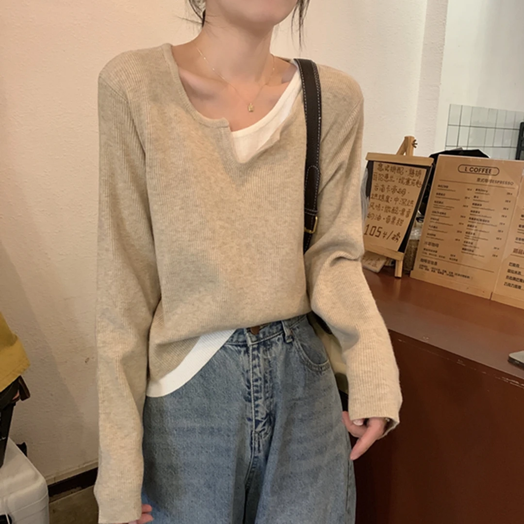 2023秋季新款韩版圆领显瘦设计感洋气套头假两件针织上衣女7151#