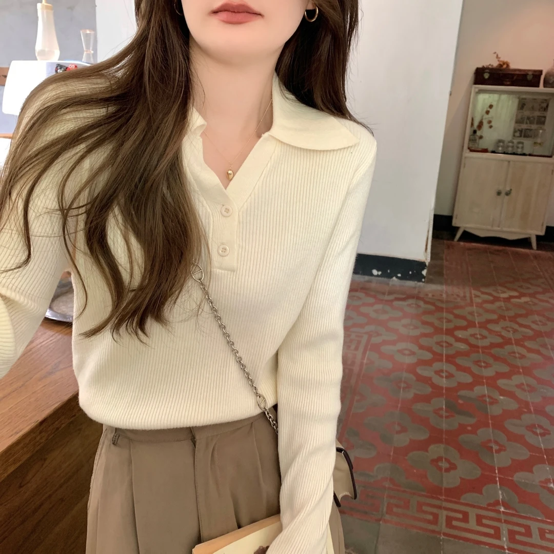 秋冬季安迪绒polo领打底衫女小众设计翻领内搭针织衫洋气毛衣上衣