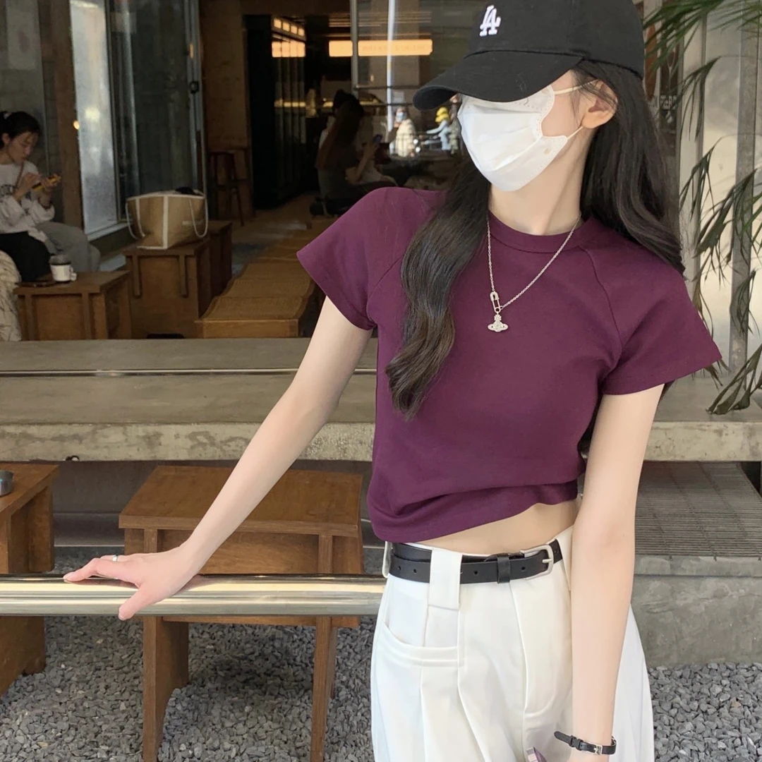 2024夏季修身短袖辣妹显瘦纯色简约短款T恤女装洋气上衣5935#