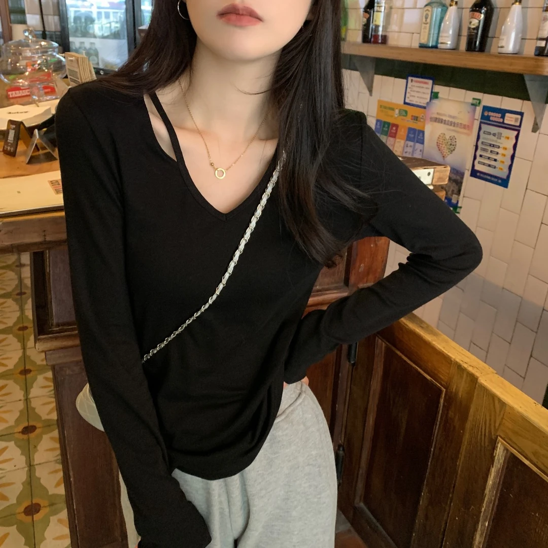 2023秋季韩版V领宽松别致设计感内搭长袖女上衣T恤9932#
