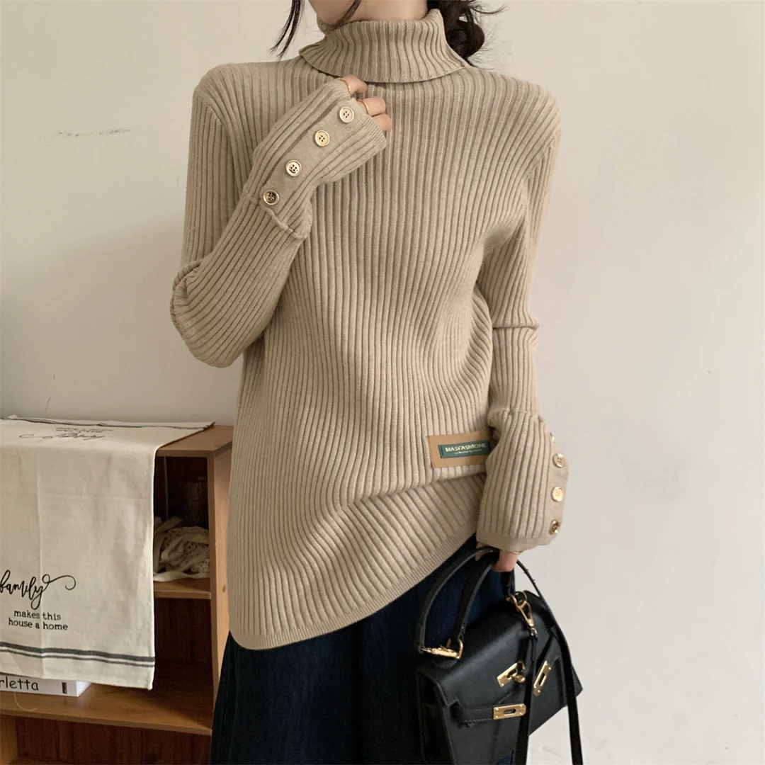 2023秋冬韩版宽松高领气质纽扣设计感安迪绒内搭针织毛衣女4991#