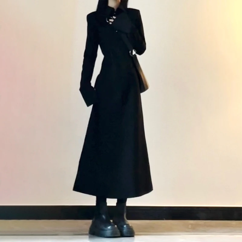 GNF001赫本风黑色长袖连衣裙子女款早秋季穿搭高级感法式气质长裙