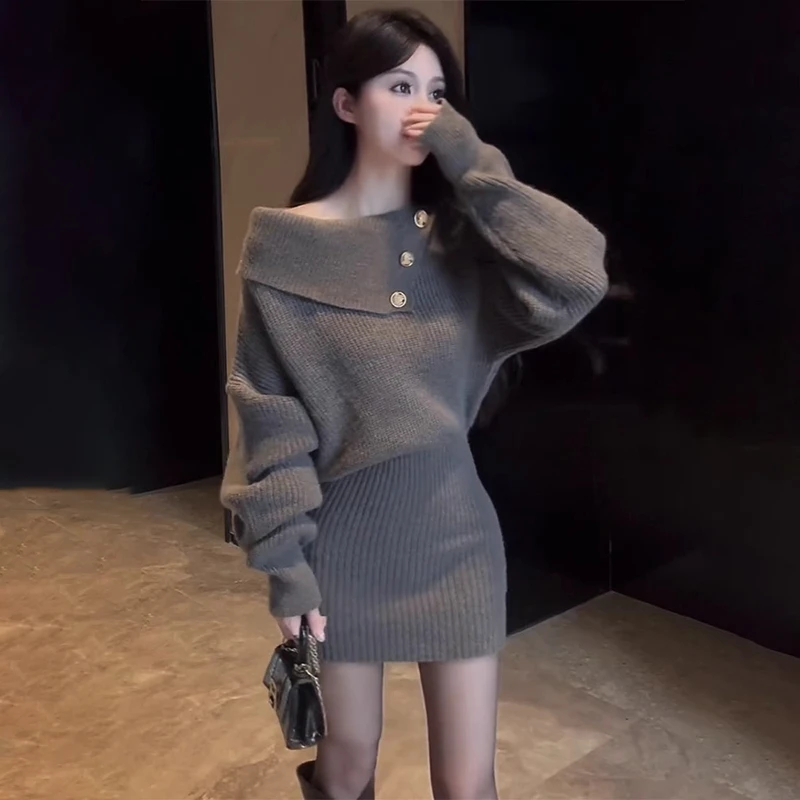 GNH162长袖针织连衣裙女早秋2024新款法式包臀裙一字肩毛衣短裙子