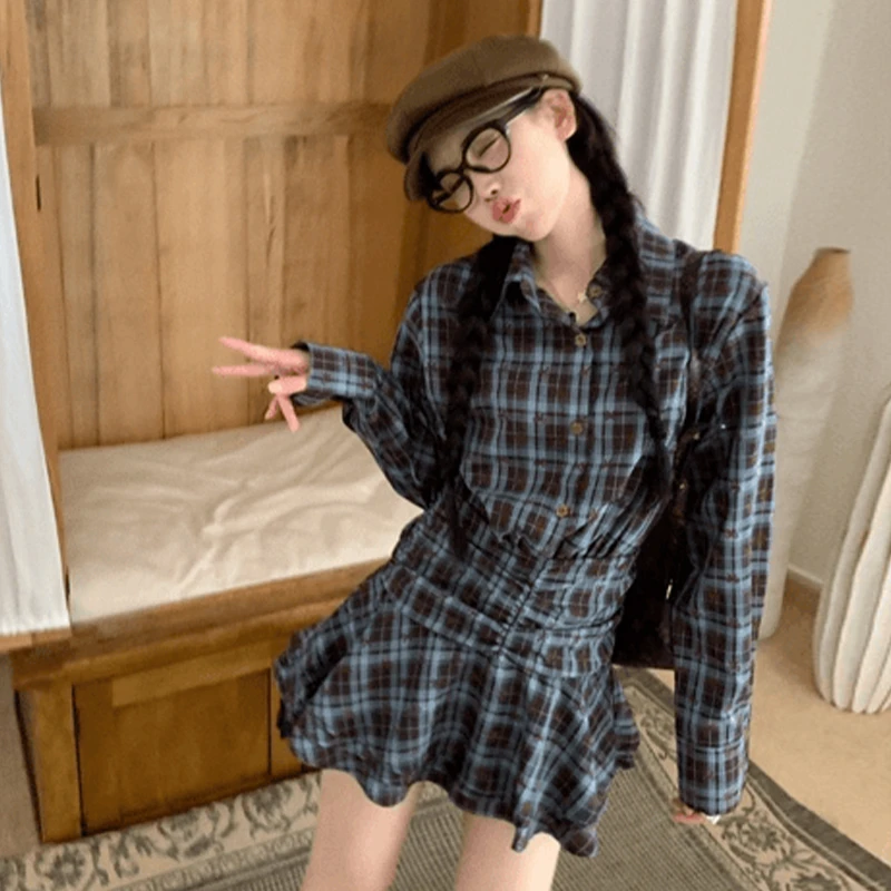 GN5781长袖格子衬衫连衣裙女2024秋季新款氛围感穿搭收腰显瘦短裙