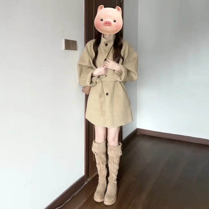 GNG760高级感立领双面毛呢外套女秋冬季款收腰加厚小个子呢子大衣