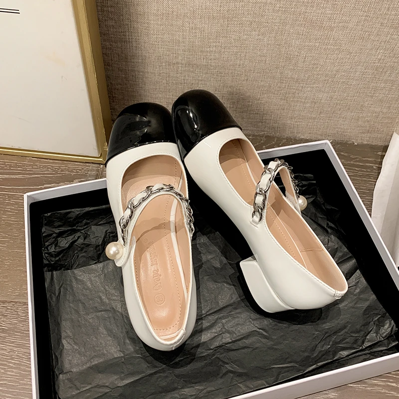 2024春季新款珍珠单鞋复古小香风拼色玛丽珍鞋粗跟中跟小皮鞋