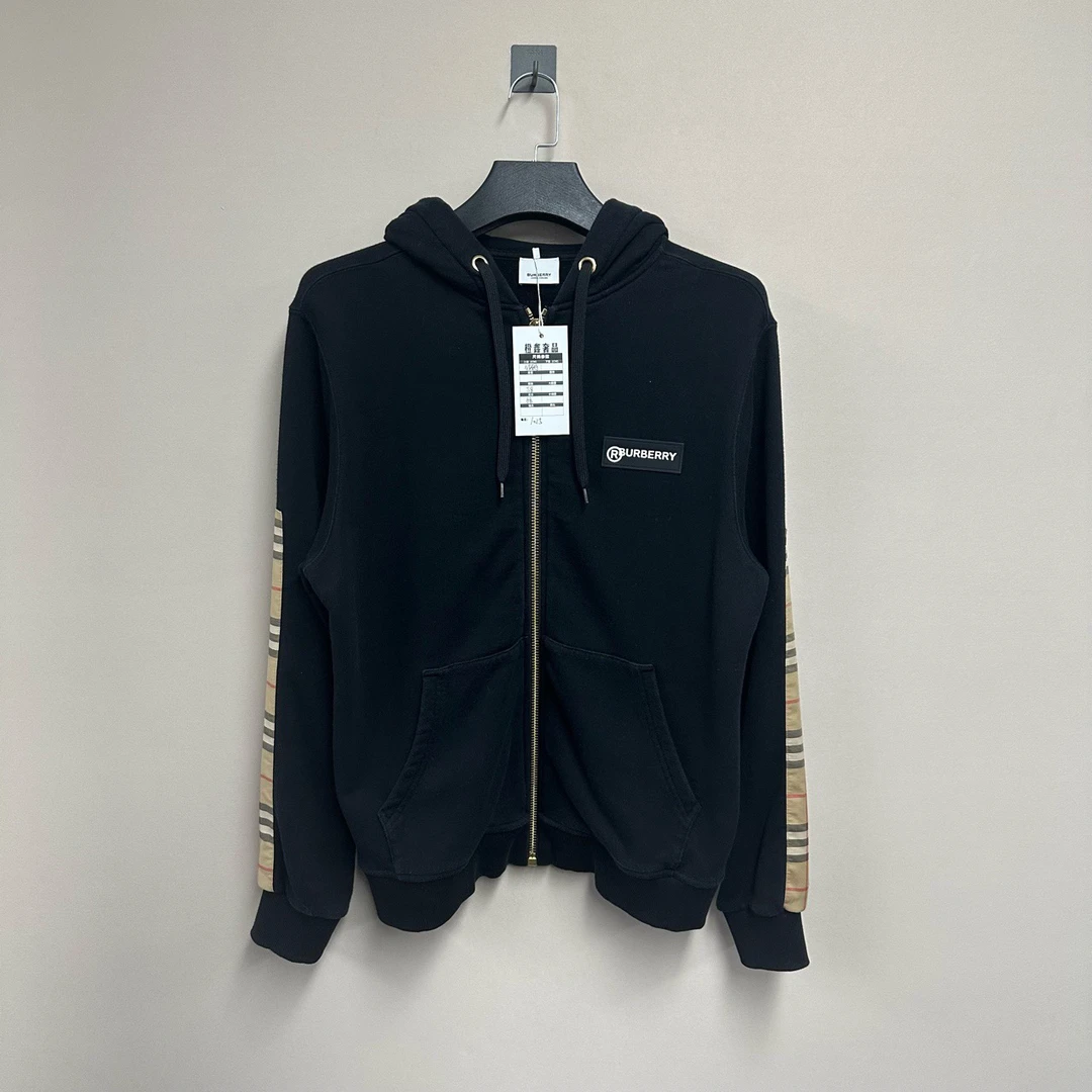 Burberry/博柏利手臂格纹徽标字母拉链帽衫/M码/98新/公价7800