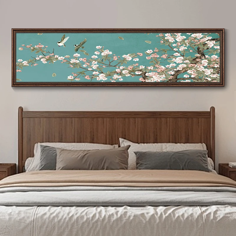 《垂丝海棠》美式横版卧室装饰画花卉风格床头画大气客厅挂画