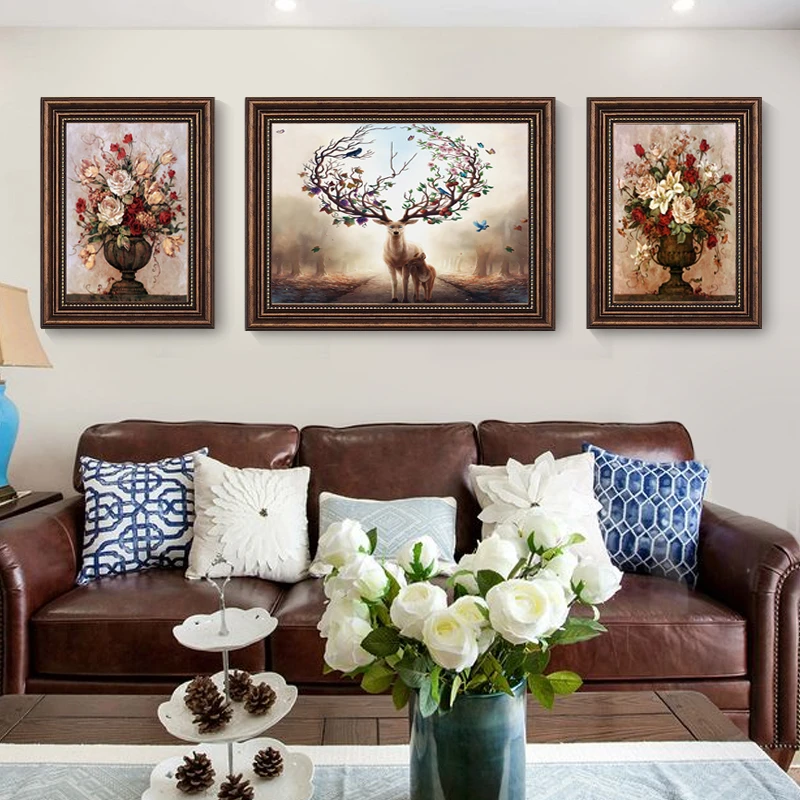 《福鹿平安三联画》客厅装饰画沙发背景墙寓意挂画美式壁画欧式墙画