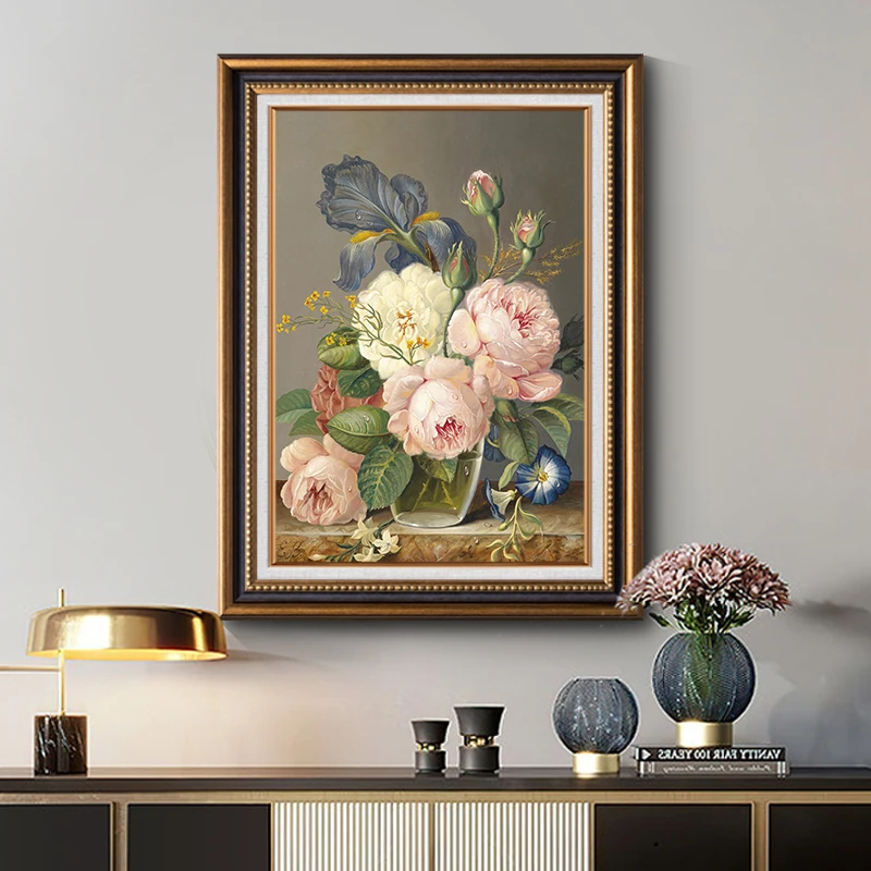 《瓶中牡丹》美式玄关入户挂画进门处背景墙装饰画餐厅复古油画壁画