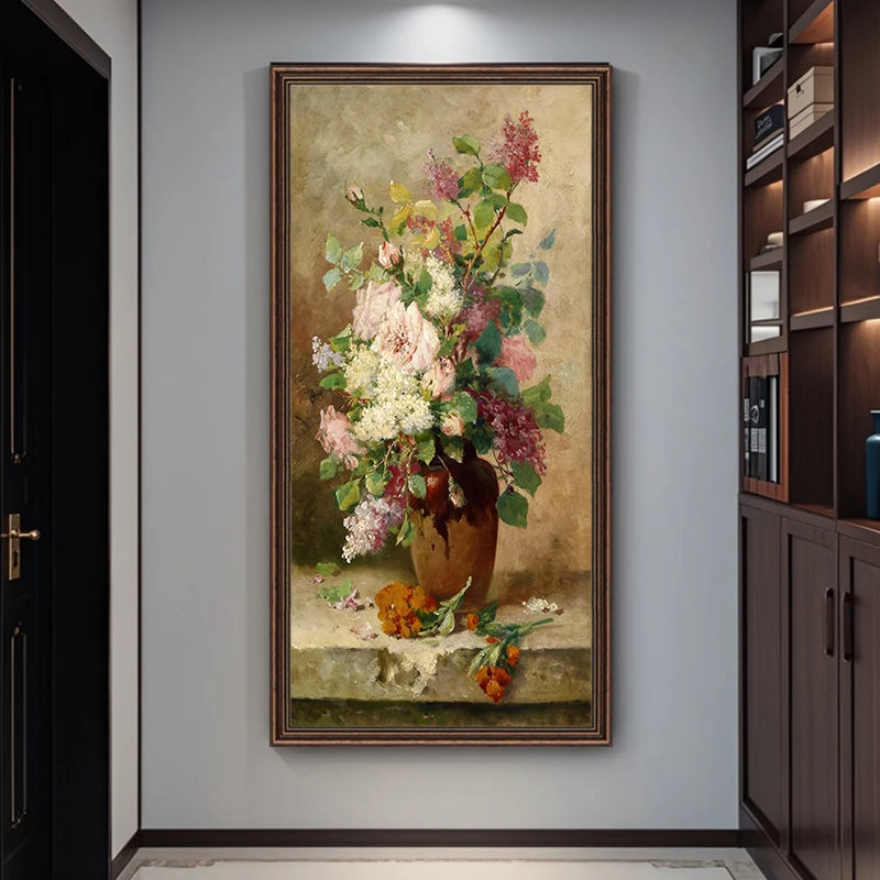 《留春》美式玄关装饰画竖版复古花卉入户进门挂画过道走廊大气壁画