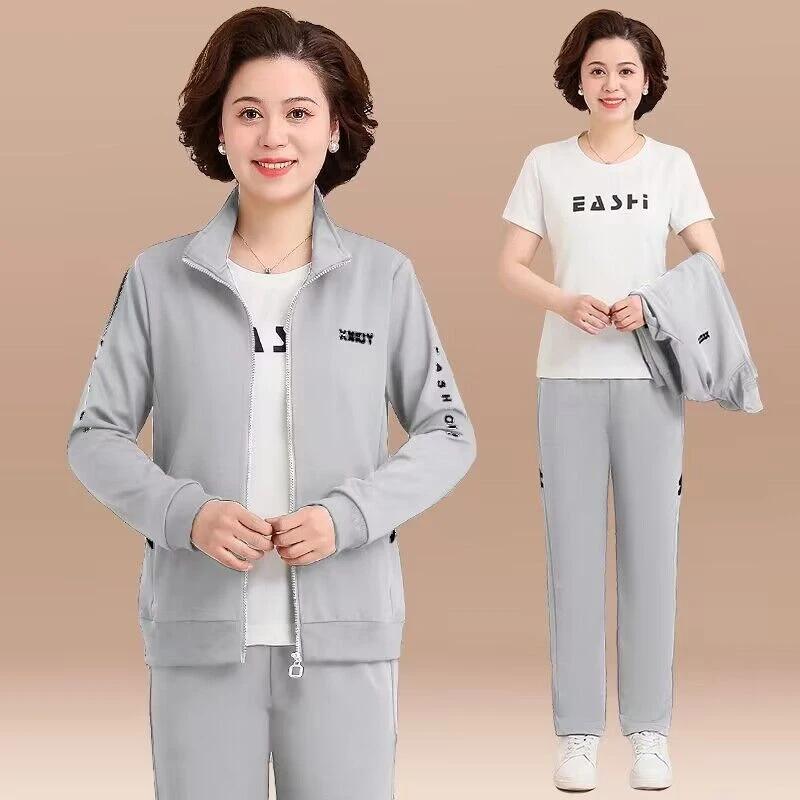 妈妈装春秋季运动服套装女2023新款韩版休闲中老年大码女装三件套