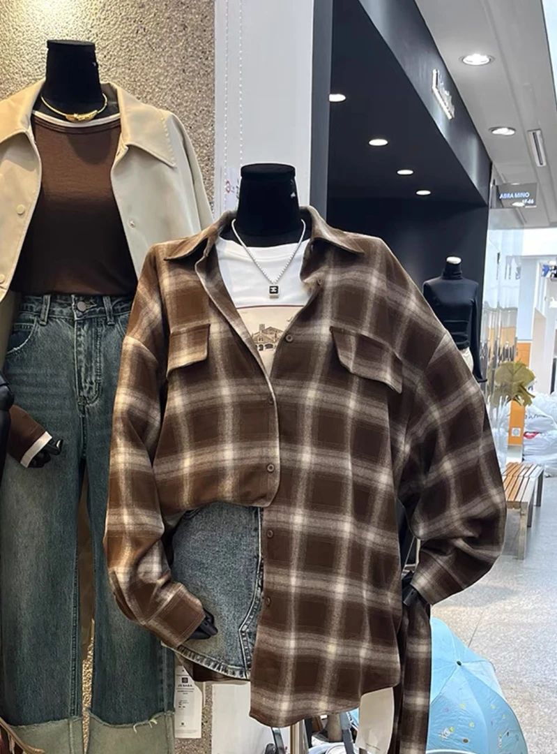 大码复古格子加厚磨毛衬衫外套女秋冬中长款宽松收腰慵懒风衬衣