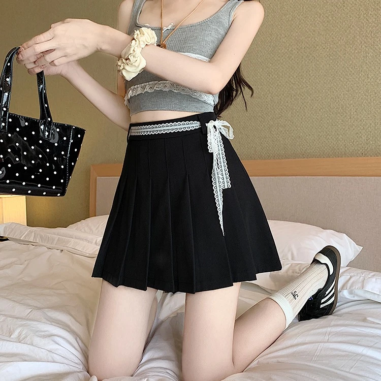 大码蕾丝花边腰带纯色半身裙百搭长腿显腿休闲百褶裙a字裙女
