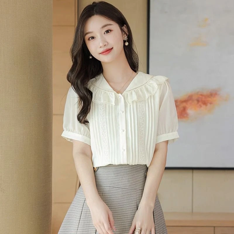 YOULI短袖荷叶边衬衫女气质时尚2025夏装新精致雅致打底雪纺上衣